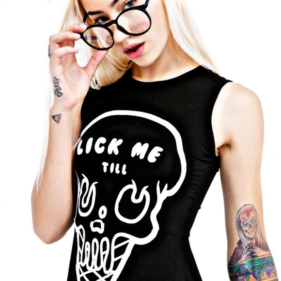 KILLSTAR ✦ “iScream” Skater Dress ✦ Gothic Black Flock Skull Graphic Soft Jersey - Picture 10 of 15